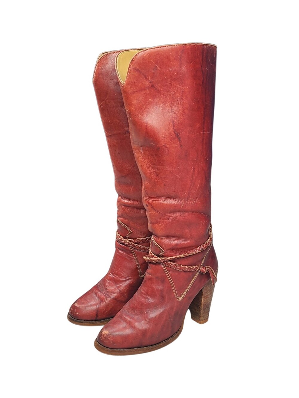 Vtg 70s Zodiac Red Leather Tall Roped Leather Boots 6.5 M Hippie Boho Western